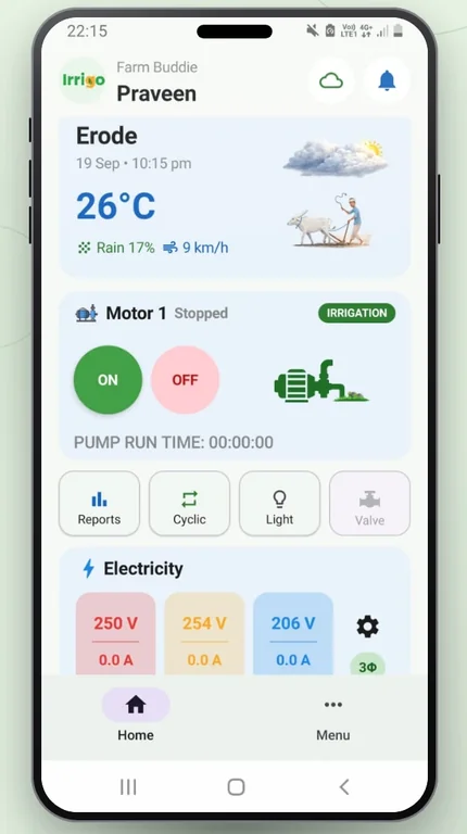 Farm Buddie app screen showing real-time voltage, current and pump status