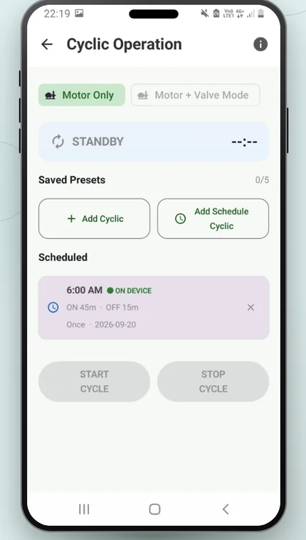 Farm Buddie app cyclic operation screen showing scheduled ON/OFF watering cycles