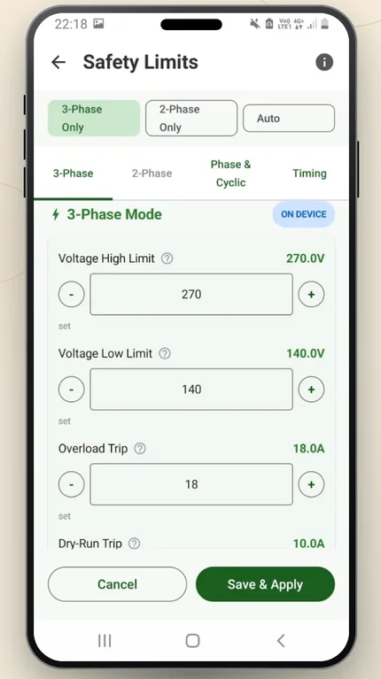 Farm Buddie app safety limits screen showing voltage, overload and dry-run trip settings
