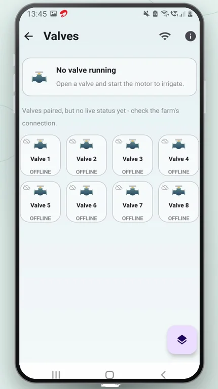 Farm Buddie app valves screen listing individual valves with online/offline status