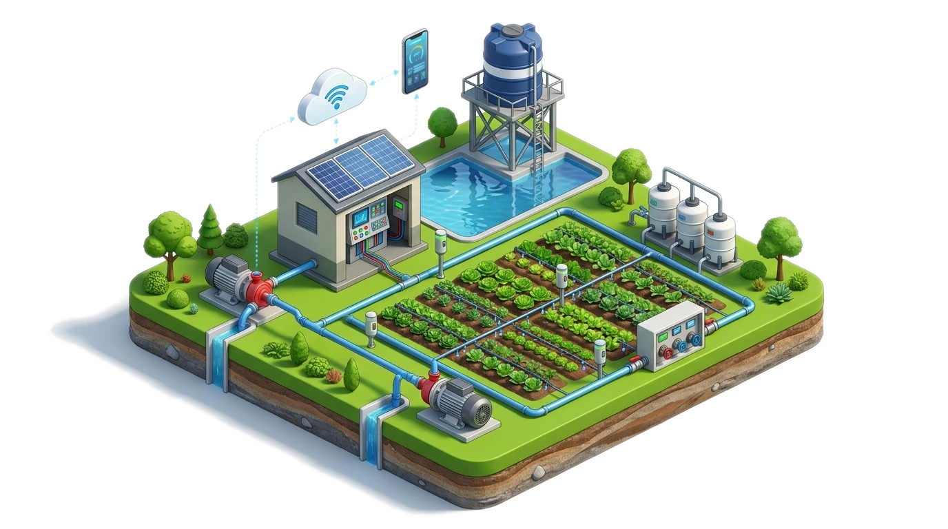 Isometric illustration of a connected smart irrigation system: solar-powered control shed, borewell pumps, water reservoir, elevated tank, fertigation station, and sensor-monitored crop rows, all linked to the cloud and a mobile app